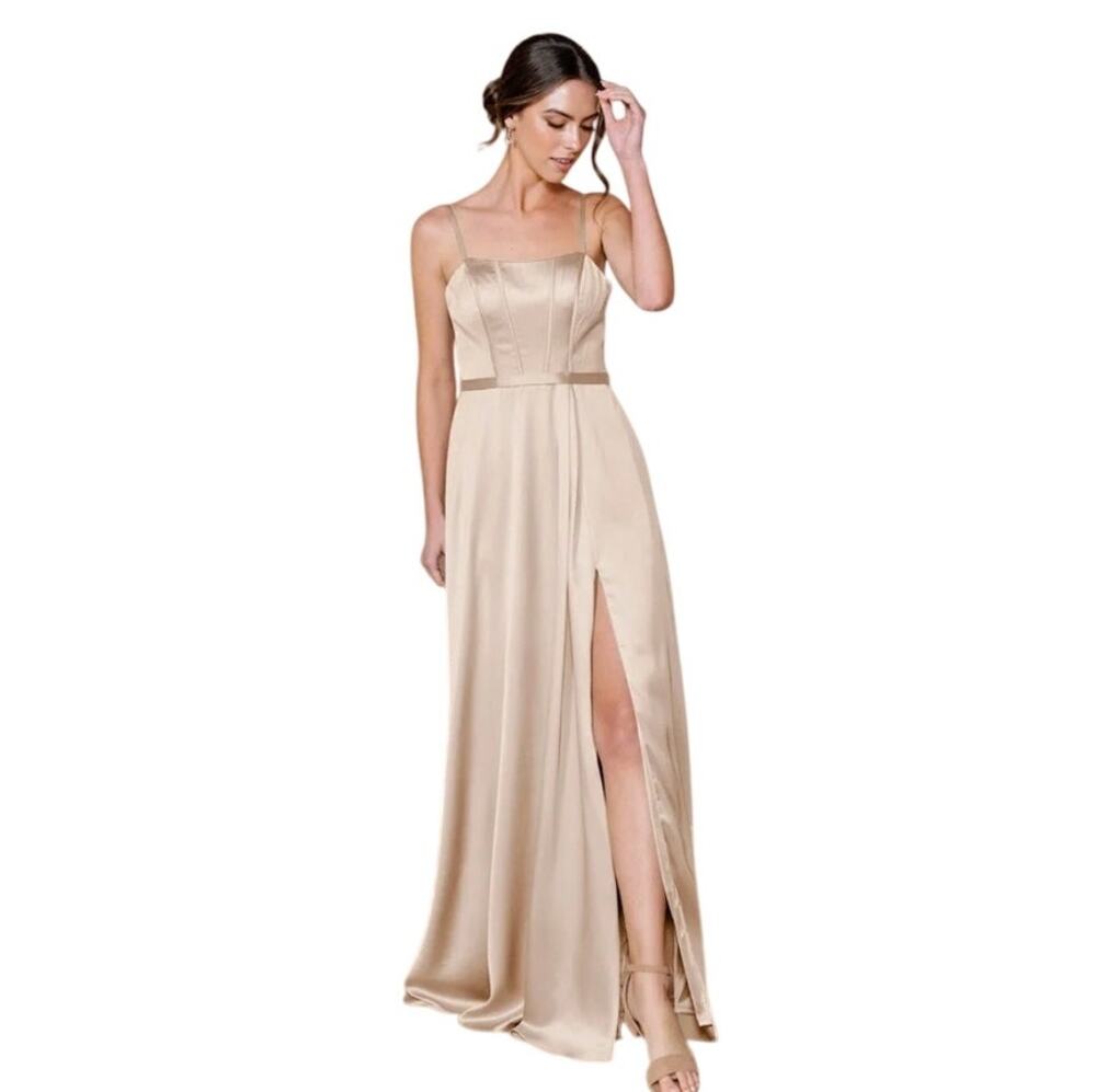 Revelry Nova Satin Gown A Line Corset Boned Bodice Maxi Dress Gold Champagne 2